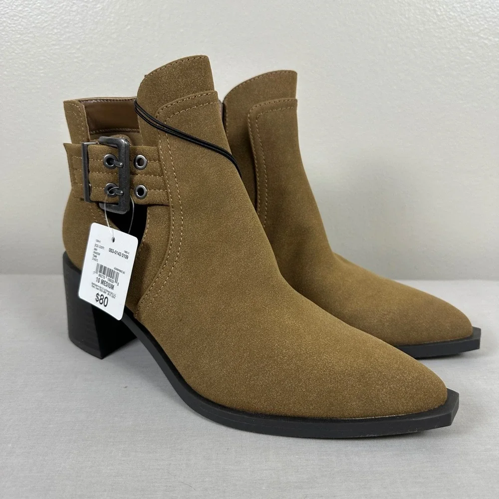 a.n.a Women's 10 Shadow Bootie Tan Faux Suede Buckle Block Heel Ankle Boots NEW